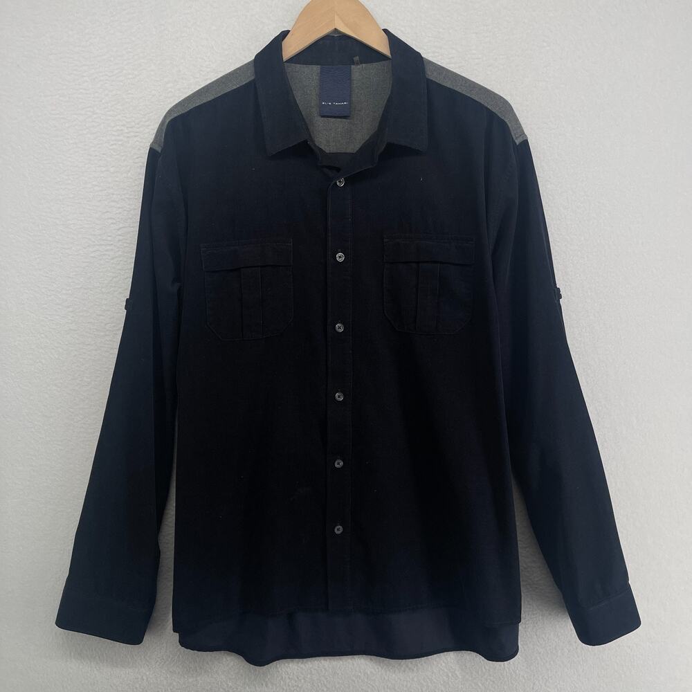 ELIE TAHARI SHIRT Mens 2XL Corduroy Shoulder Panel Button Up Cotton Blue Black